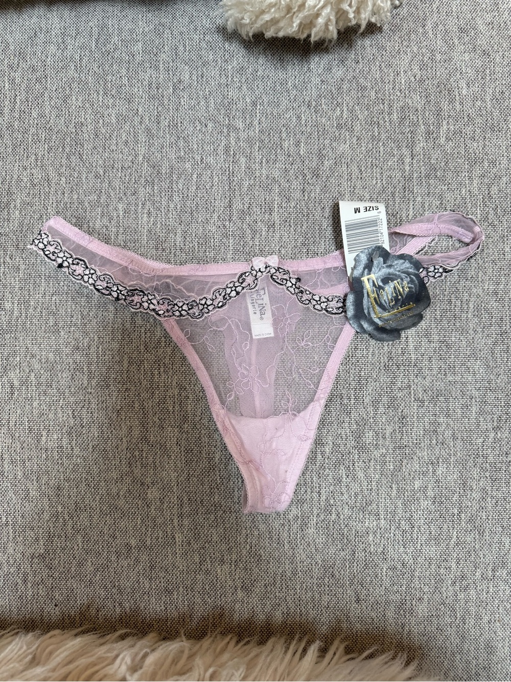 Felina Light Pink Sheer Lace Thong with Black Trim